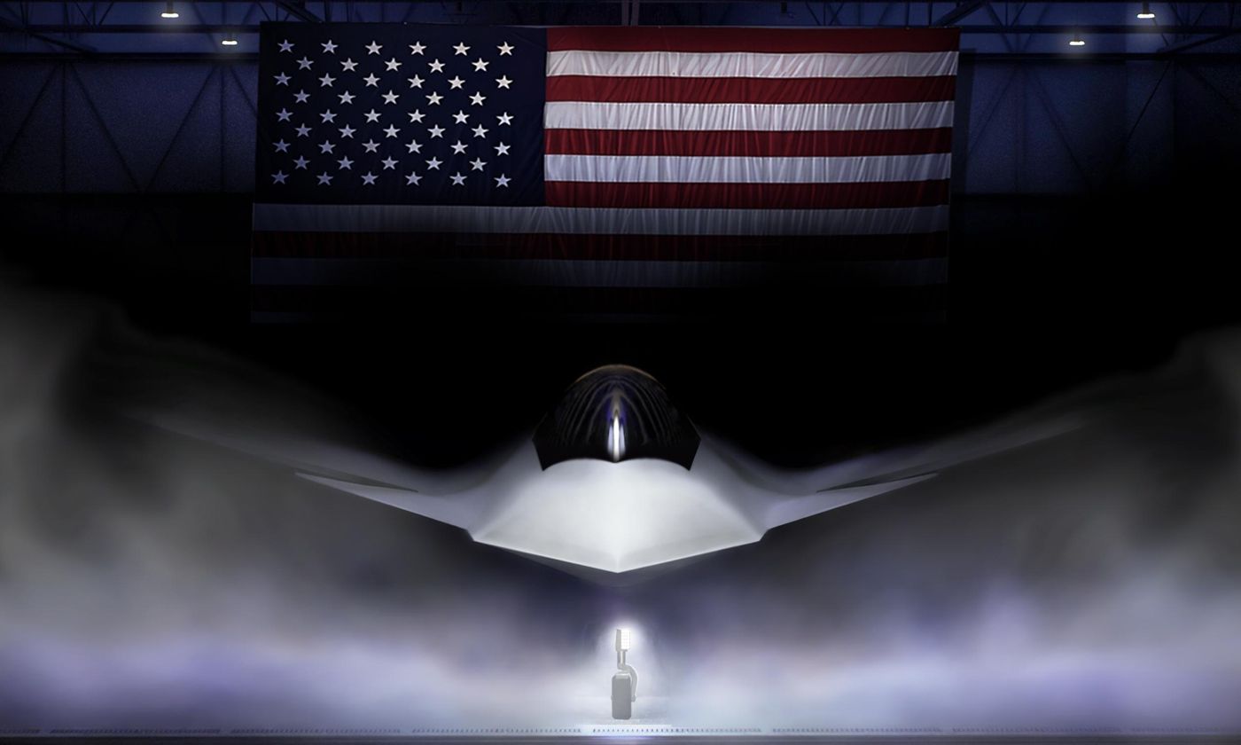 Artist rendering of the F-47 fighter in a hangar beneath a large American flag