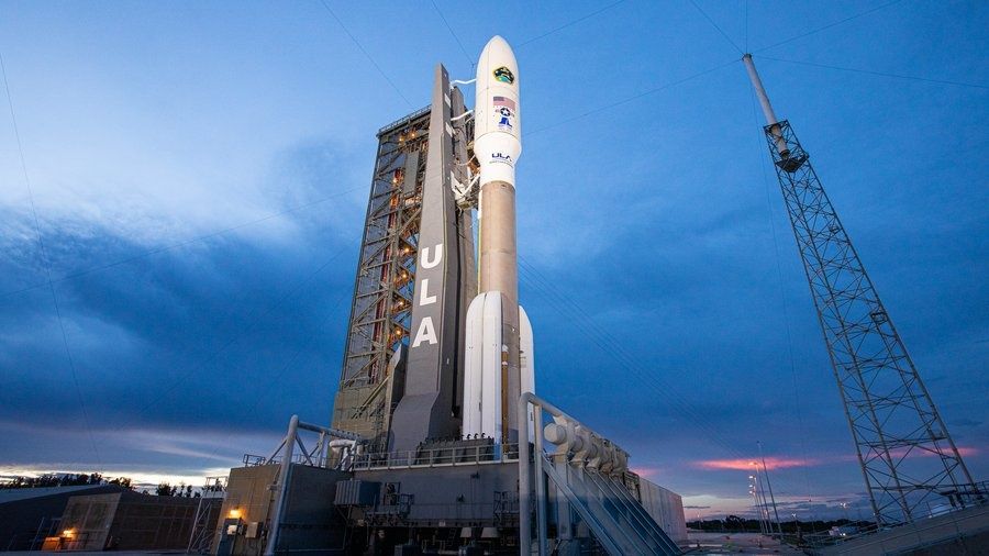 A United Launch Alliance rocket on the pad at dusk
