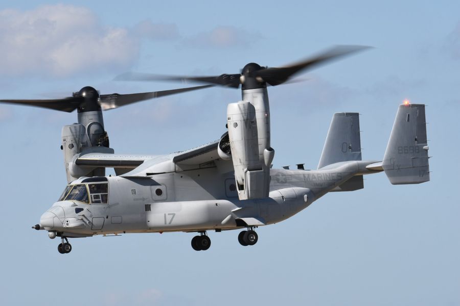 A V-22 Osprey tiltrotor hovering