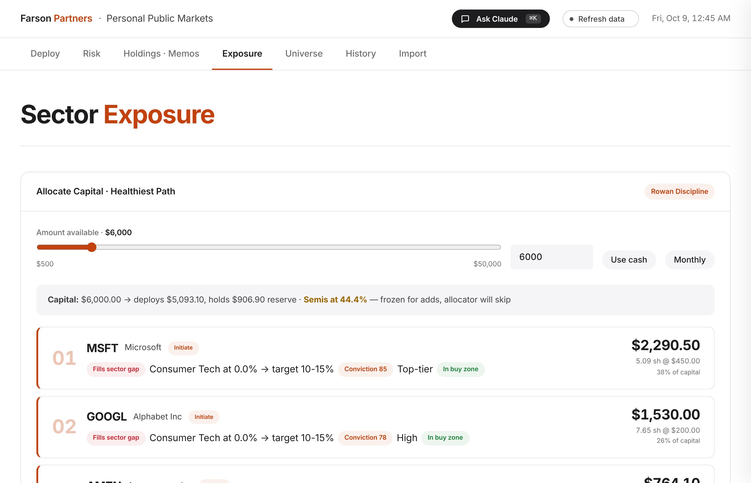 The Farson exposure screen recommending purchases that bring each sector toward its target weight